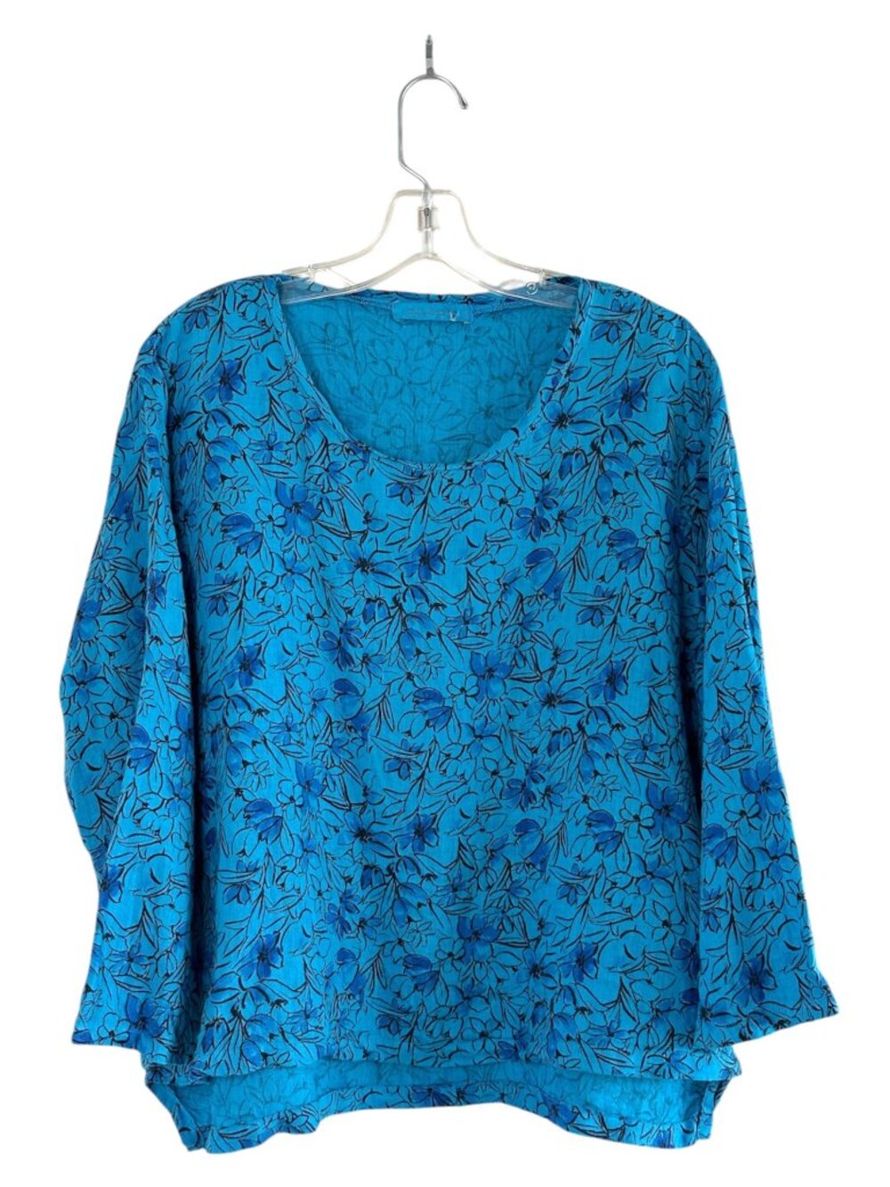 Cut Loose 100% Linen Floral Print Top, M, Blue Lagenlook Artsy